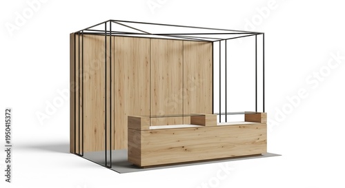 Elegant and Modern Architectural Wooden Booth with Geometric Black Metal Frame, Perfect for Event Displays, Trade Shows, or Information Points in a Clean Studio Setting
