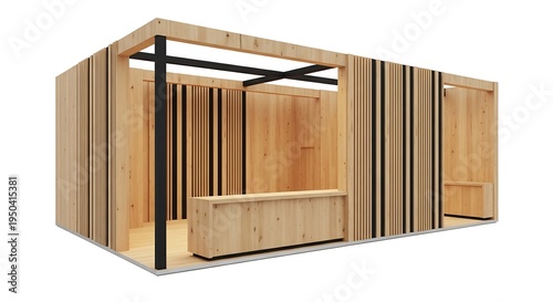 Modern minimalist modular wooden booth with clean lines and natural wood finish, ideal for exhibitions and trade shows