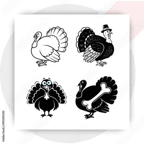 Thanksgiving silhouettes collection with turkey pumpkin leaves and harvest icons, black autumn holiday elements set black and white icon