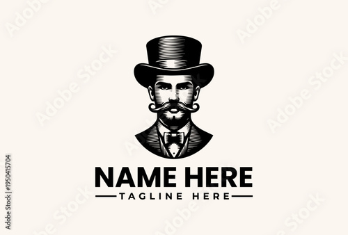 A black and white illustration of a man's face with a beard and mustache wearing a top hat and suit against a plain background with space for a logo and tagline.