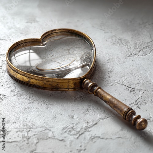 Vintage heart shaped magnifying glass on textured surface