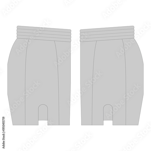 Athletic boxing shorts front and back view vector mockup template. Sportswear fighting trunks flat sketch for activewear tech pack and custom apparel design.