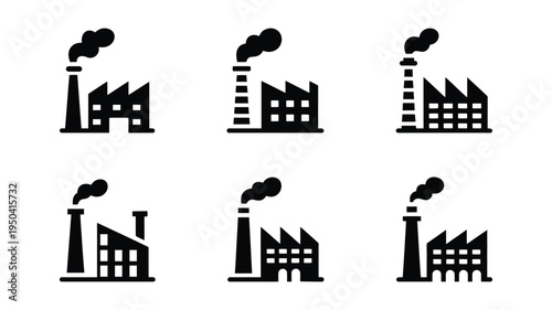Industrial factory building with smoke coming out of chimney vector illustration set