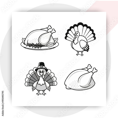 Thanksgiving silhouettes collection with turkey pumpkin leaves and harvest icons, black autumn holiday elements set black and white icon