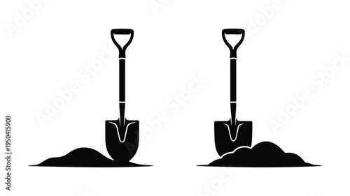 Pair of shovels sticking out of dirt piles, tools for digging and gardening