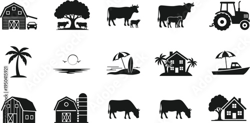 Farm life silhouettes collection, rural agriculture icons with barn tractor cows trees house beach elements, countryside farming vector set isolated on white