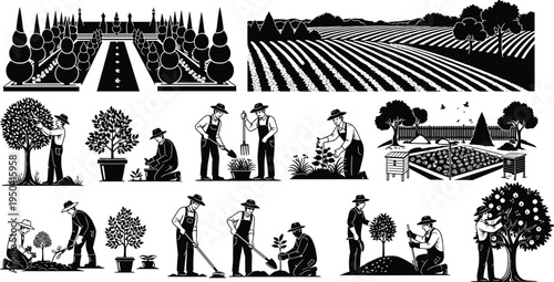 Garden landscaping and farming silhouettes collection, gardeners planting trees and maintaining fields, agriculture landscape design vector set with rural cultivation scenes