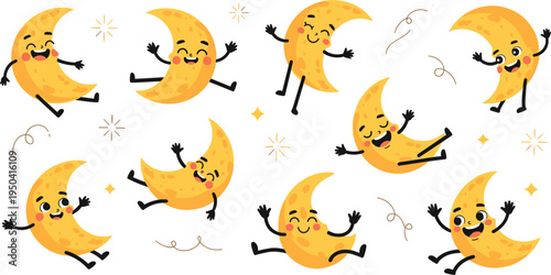 Cute Kawaii Moon Cartoon Character Set with Happy Crescent Moon Mascots Smiling Faces and Funny Night Sky Elements for Kids Stickers and Illustrations