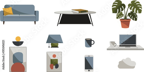 A collection of pixelated household and office items