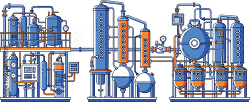 industrial chemical processing equipment vector set, refinery machinery system illustration, factory distillation columns and pressure tanks, petrochemical plant technology infrastructure collection