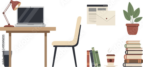 A desk with a laptop, lamp, chair, books, plant, and coffee cup