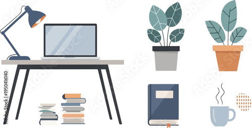 A desk with a laptop, lamp, plants, books, and a coffee cup