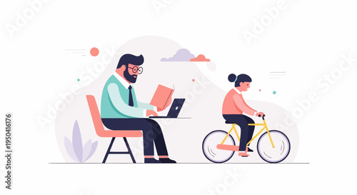 A man works on a laptop while a person cycles past