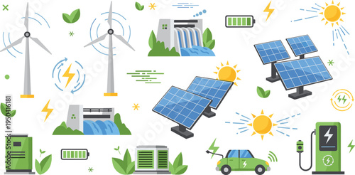Renewable Energy Icon Set Featuring Solar Panels Wind Turbines Hydropower Electric Vehicle Charging Battery Storage and Green Sustainable Power Technology Symbols