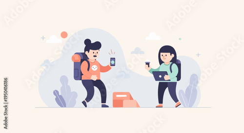 Two people with backpacks, one holding a phone, the other a laptop and drink