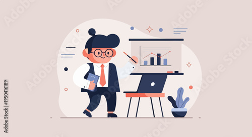 A cartoon businessman presents a bar graph and line chart on a presentation board