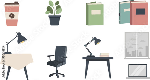 Assorted office and home desk items including coffee cup, plant, books, lamps, and laptop