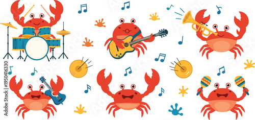 Set of cute crab musician characters, cartoon illustrations of red crabs playing drums, guitar, trumpet and maracas isolated on white background