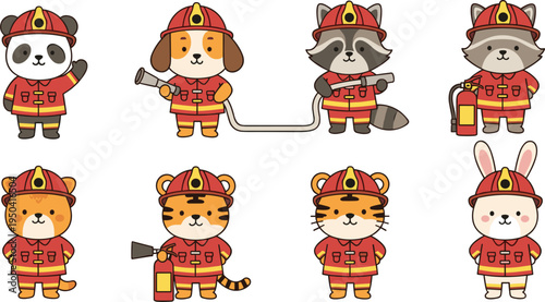 Set of cute firefighter animal characters, flat vector illustrations of panda, dog, raccoon, tiger and rabbit in red fire rescue uniform isolated on white