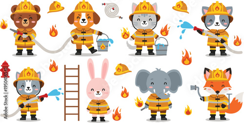 Set of cute firefighter animals, cartoon illustrations of bear, dog, cat, elephant and fox in fire rescue uniform with hose and ladder isolated on white