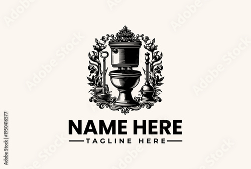A logo design featuring an ornate trophy or urn with floral patterns and placeholder text on a beige background, presented in a vector illustration style.