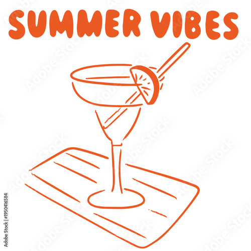 Summer hand drawn doodle with cocktail glass lemon slice and summer vibes illustration