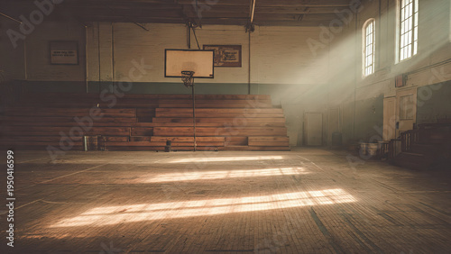 Wide view of an abandoned vintage basketball gymnasium with dusty sunbeams streaming through tall windows onto a worn wooden floor