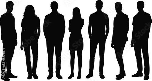Vector silhouettes of diverse group of young men and women standing together in casual clothing, professional community, social friendship, teamwork and human resources concept