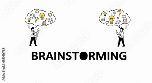 Two businessmen with thought bubbles showing ideas and gears under the word BRAINSTORMING