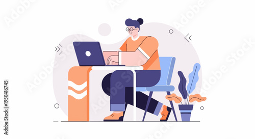 Stylized person with glasses working on a laptop at a desk