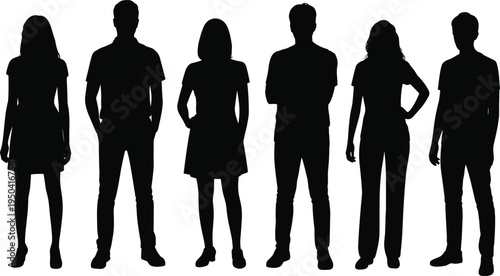 Full body silhouette of diverse group of young men and women standing in a row isolated on white background for community and teamwork concept