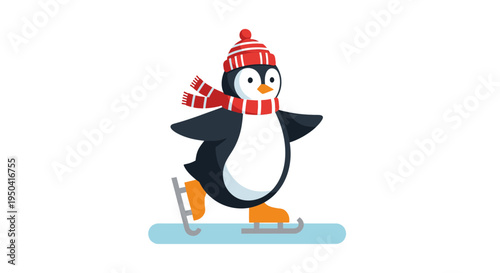Penguin wearing winter clothing skiing outdoors.