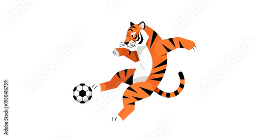 Tiger playing soccer ball with leg.
