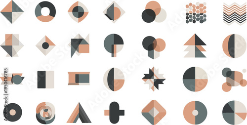 A collection of abstract geometric shapes in muted earthy tones on a white background