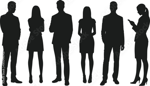 Vector silhouettes of professional business people standing together including woman using smartphone, diverse corporate team group, community cooperation, human resources management concept