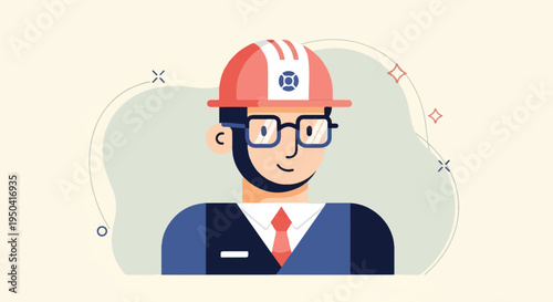 A stylized illustration of a smiling person wearing a hard hat and glasses