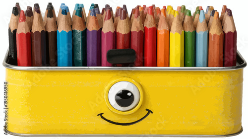 A colorful assortment of pencils in a yellow container with a drawn face