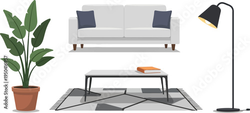 Modern living room setup with couch, coffee table, plant, lamp and rug