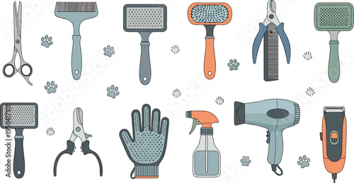 Set of pet grooming tools and accessories, flat vector illustrations of brushes, scissors, nail clippers, hair dryer and trimmer isolated on white