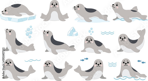Cute Seal Cartoon Character Set Featuring Swimming, Sitting, Sliding, and Resting Poses with Ice, Fish, and Ocean Elements in Arctic Wildlife Scene.