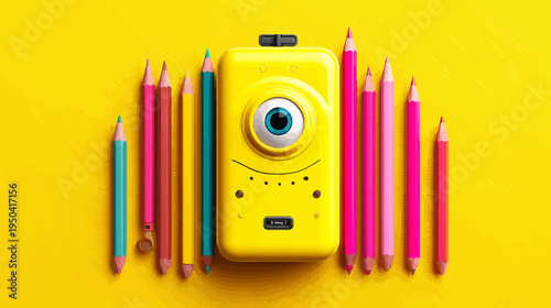 A yellow, cyclopean, rectangular creature with eye, pencils of various colors on a yellow background