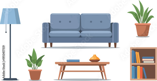 Cozy living room elements with sofa, lamp, table, plants, and bookcase