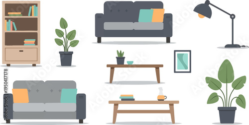 Cozy modern living room elements with furniture, plants, and decor