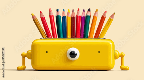 A stylized illustration of a cartoon character with colorful pencils as hair