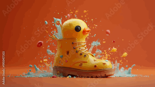 A cartoonish duck's head emerges from a yellow boot, surrounded by splashes and colorful specks