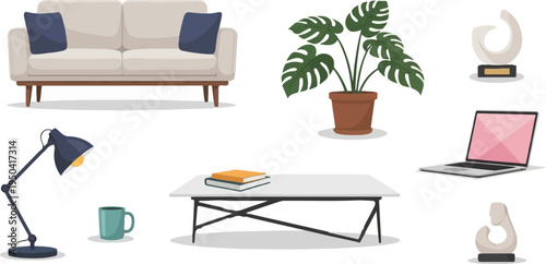 Interior design elements couch, plant, coffee table, lamp, laptop, mug, sculptures