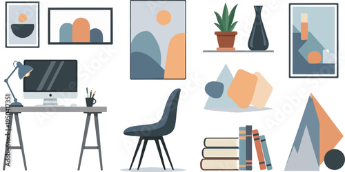 Modern flat art depicting a desk, chair, artwork, and plants