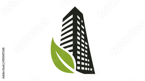An urban scene features a tall building with a leaf symbol. Architecture and nature combine