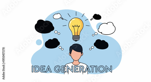 Person with glowing lightbulb and thought clouds above