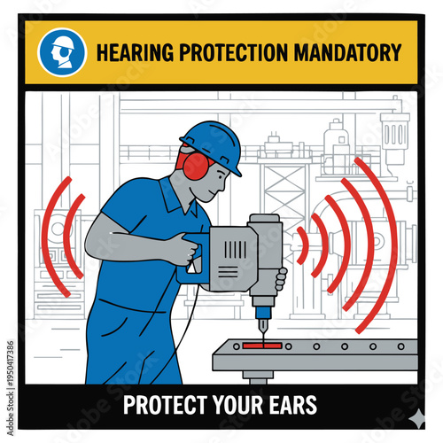 Industrial worker using power tool wearing earmuffs